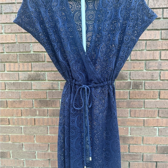 Denim & Co. Beach Crochet Lace Crossover Swim Cover Up Dress Navy Size Medium - Picture 1 of 6